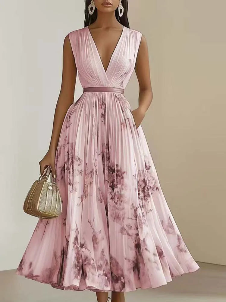 Pleated Midi Dress Women | V Neck Sleeveless A Line Elegant Dress
