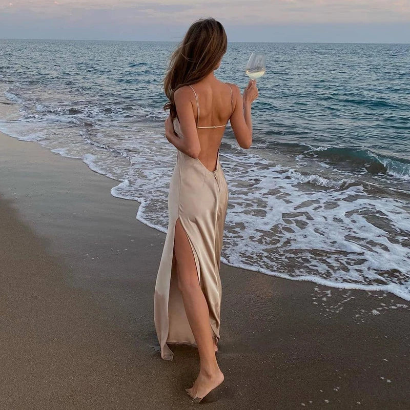 Satin Slip Maxi Dress Women | Spaghetti Strap High Split Evening Dress