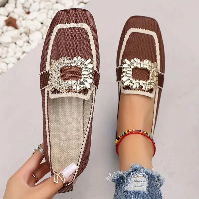Women’s Embellished Loafer Flats – Elegant Square Toe Slip-On Shoes for Casual, Office & Party Wear