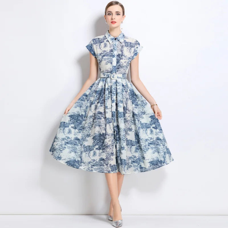 Printed Shirt Midi Dress Women | Sleeveless Belted A Line Elegant Dress
