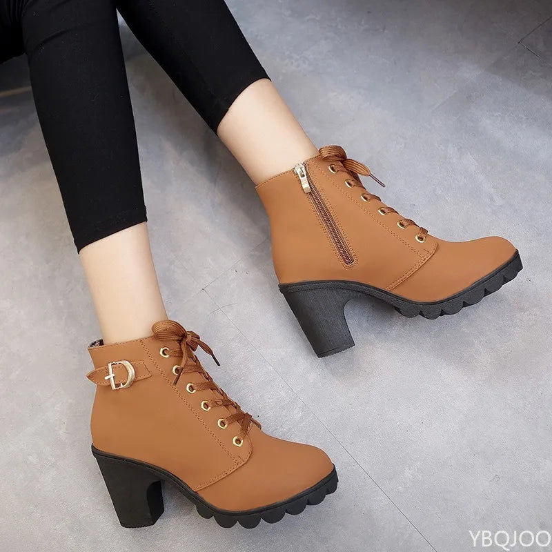 Women’s Chunky Heel Ankle Boots – Lace-Up Platform Boots for Casual, Biker & Winter Fashion Wear
