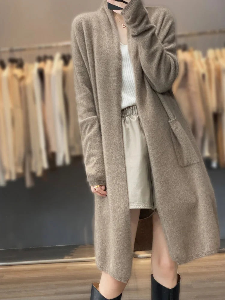 Women’s Long Brown Knit Cardigan Coat | Minimalist Open Front Cozy Sweater Jacket