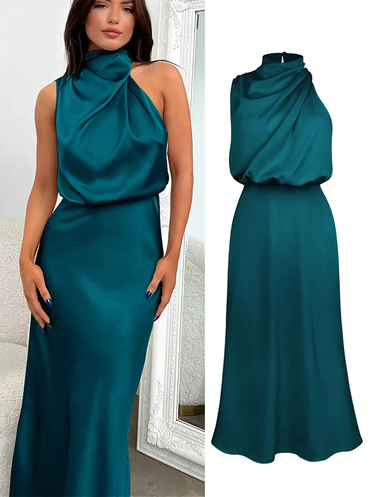 High Neck Satin Maxi Dress Women | Sleeveless Elegant Evening Dress