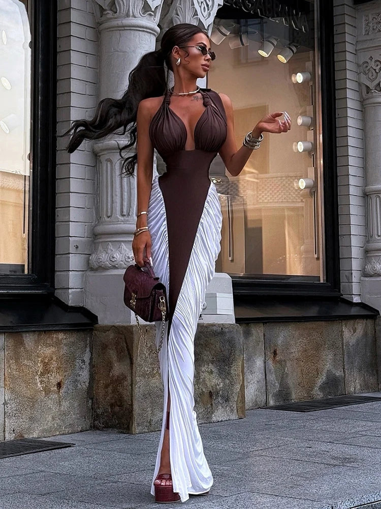 Women’s Brown & White Cut-Out Maxi Dress | Halter Bodycon Evening Gown with High Slit for Parties & Luxury Events