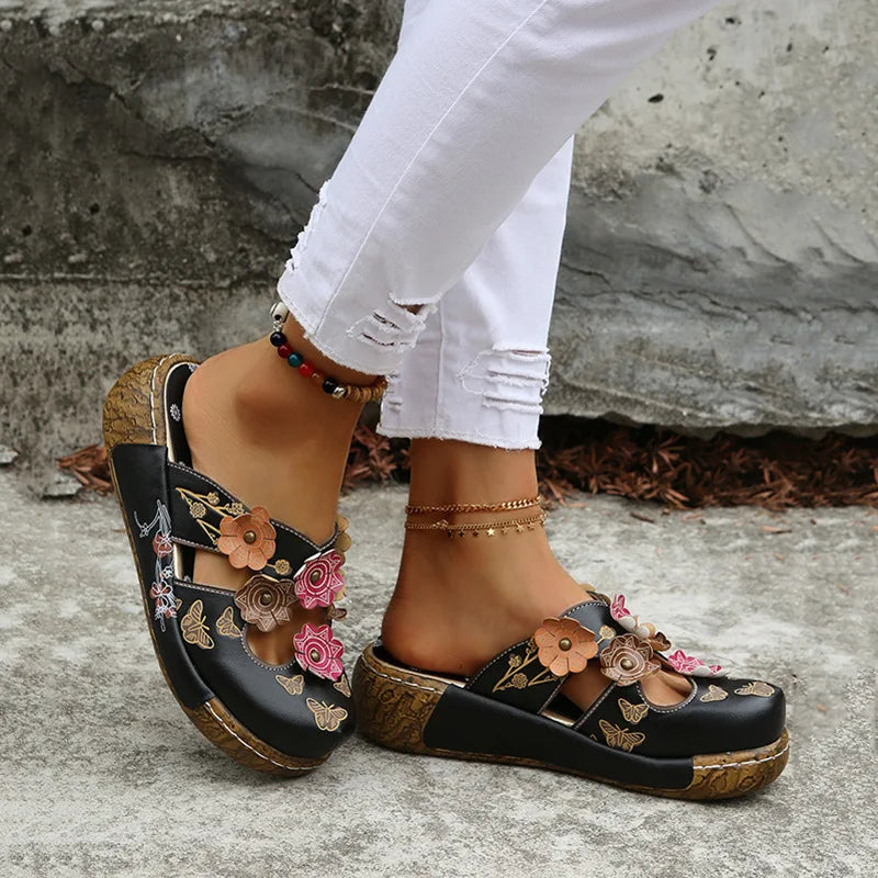 Women’s Floral Wedge Sandals – Embroidered Comfort Slip-On Slippers for Casual & Everyday Wear