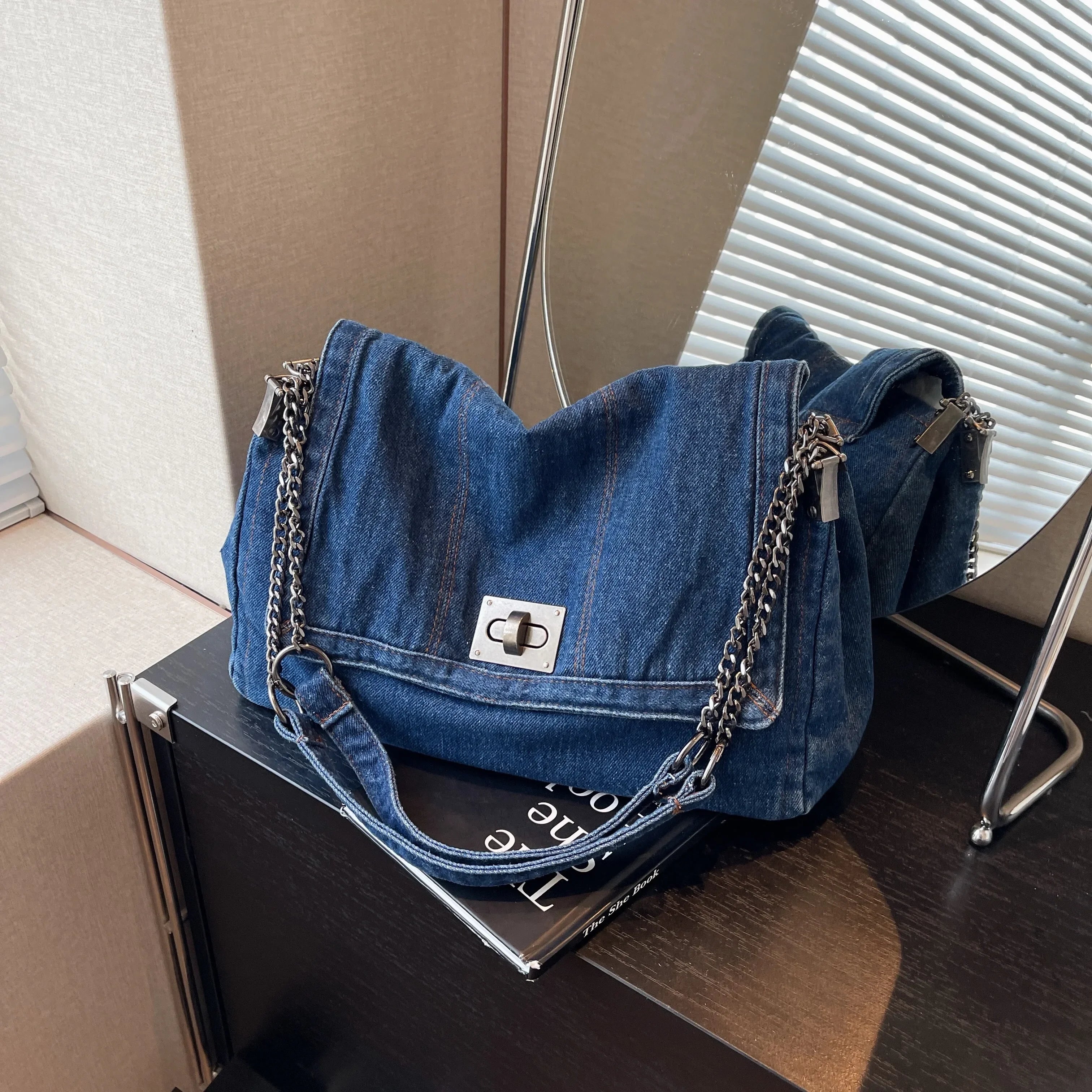Denim Shoulder Bag for Women | Trendy Chain Handbag | Casual Y2K Hobo Purse | Fashion Everyday Tote