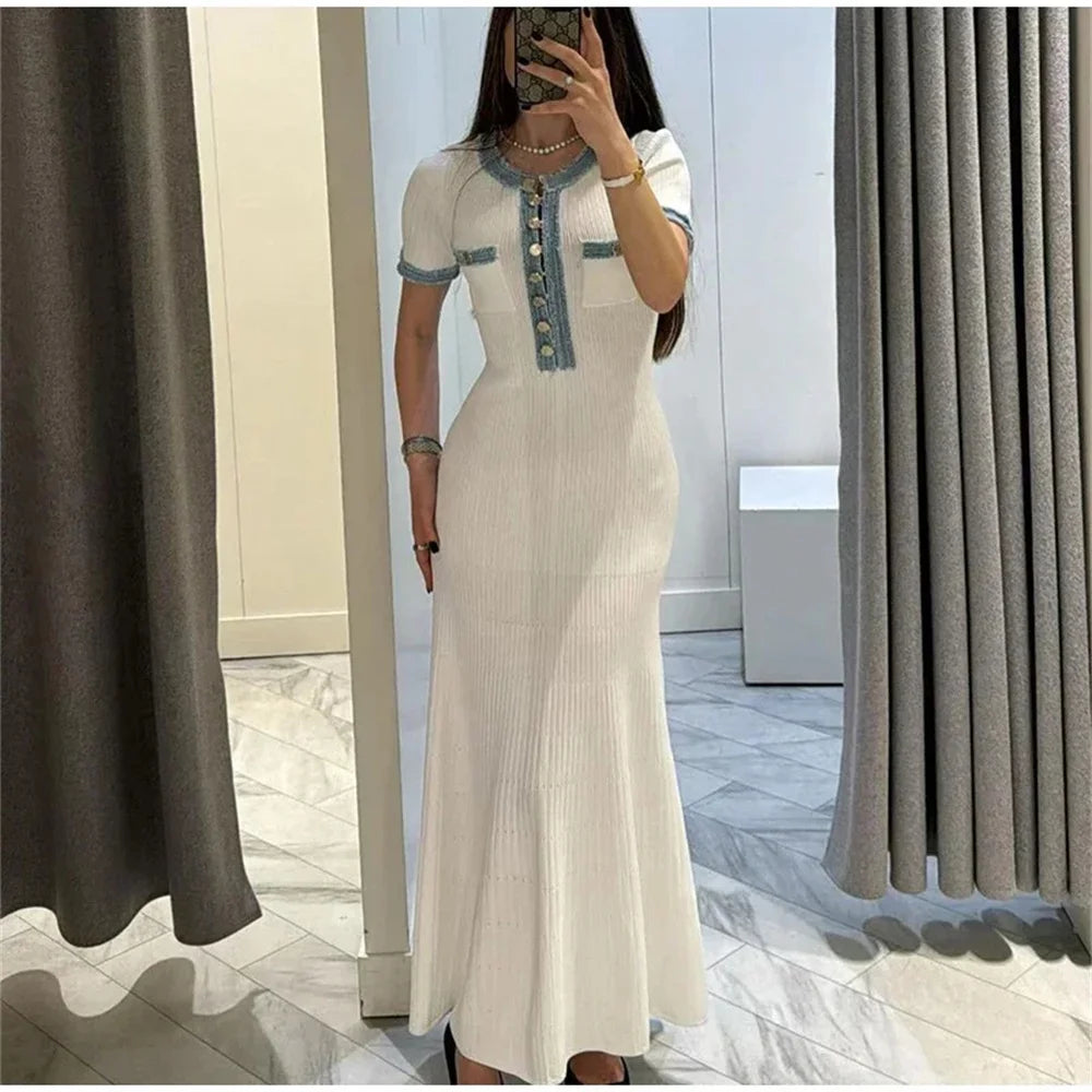Women’s Cream Knit Maxi Dress | Vintage Button Detail Bodycon Dress for Elegant Casual & Vacation Wear