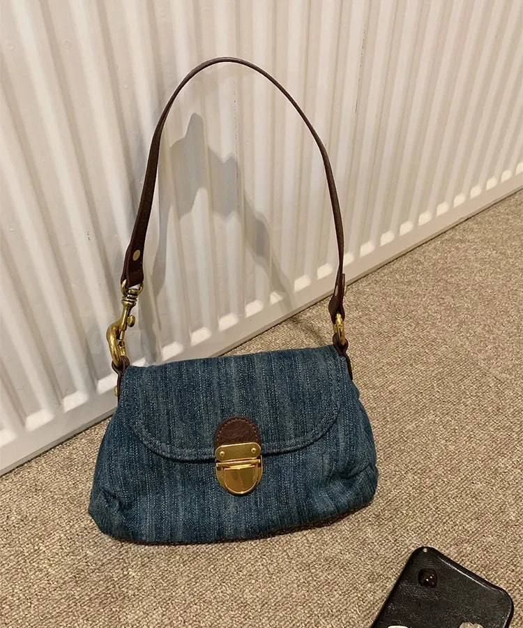 Denim Shoulder Bag for Women | Vintage Flap Handbag | Casual Everyday Purse | Trendy Retro Fashion Bag