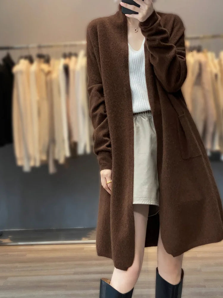Women’s Long Brown Knit Cardigan Coat | Minimalist Open Front Cozy Sweater Jacket