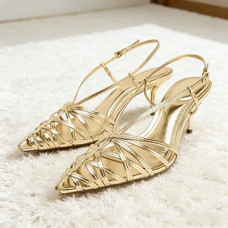 Women’s Metallic Strappy Kitten Heels – Elegant Pointed Toe Slingback Sandals for Party & Wedding Wear