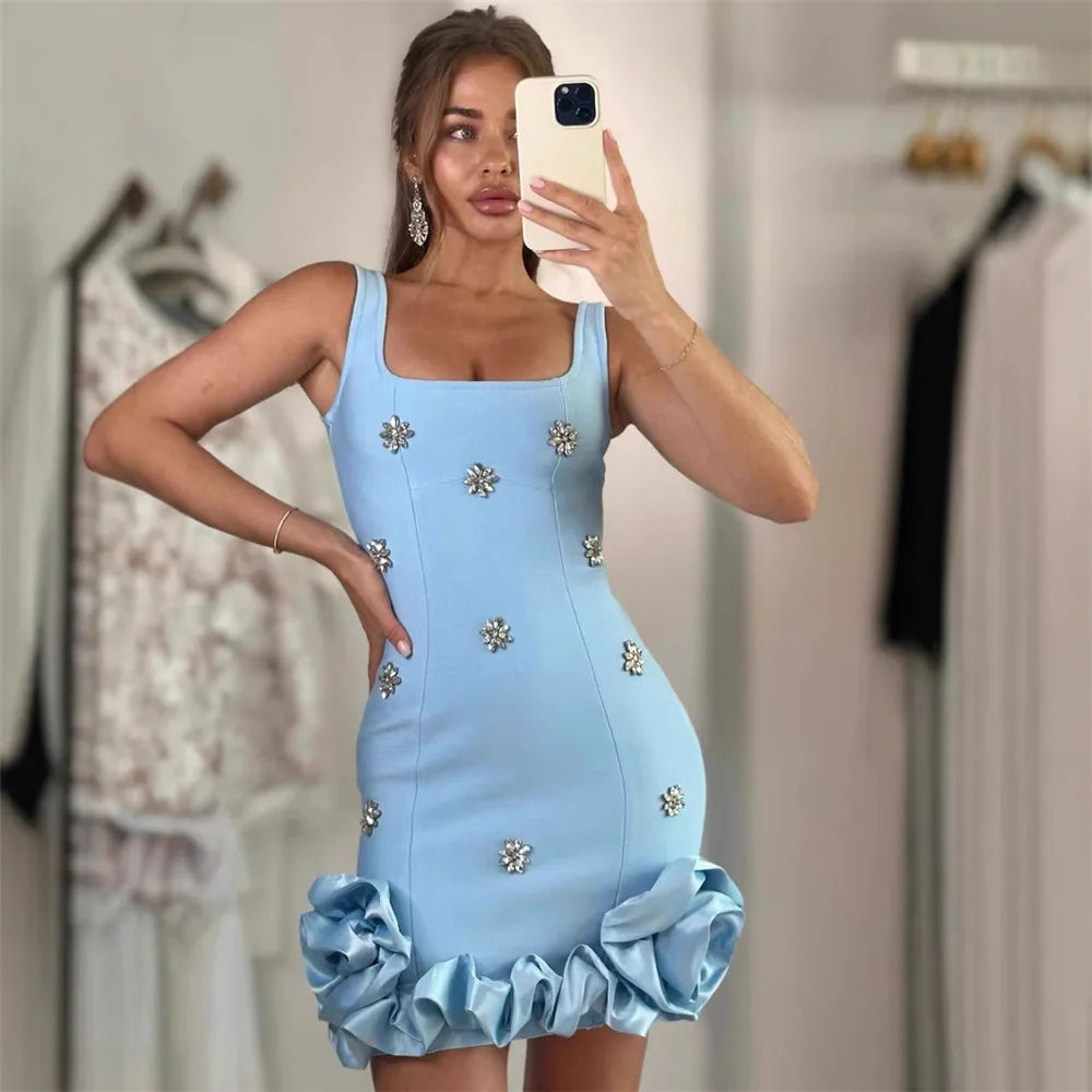 Embellished Bodycon Mini Dress Women | Square Neck Ruffle Party Dress