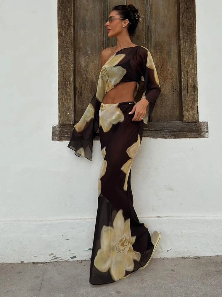 Women's One Shoulder Crop Top & Maxi Skirt Co-Ord Set | Floral Print Resort Two Piece Outfit