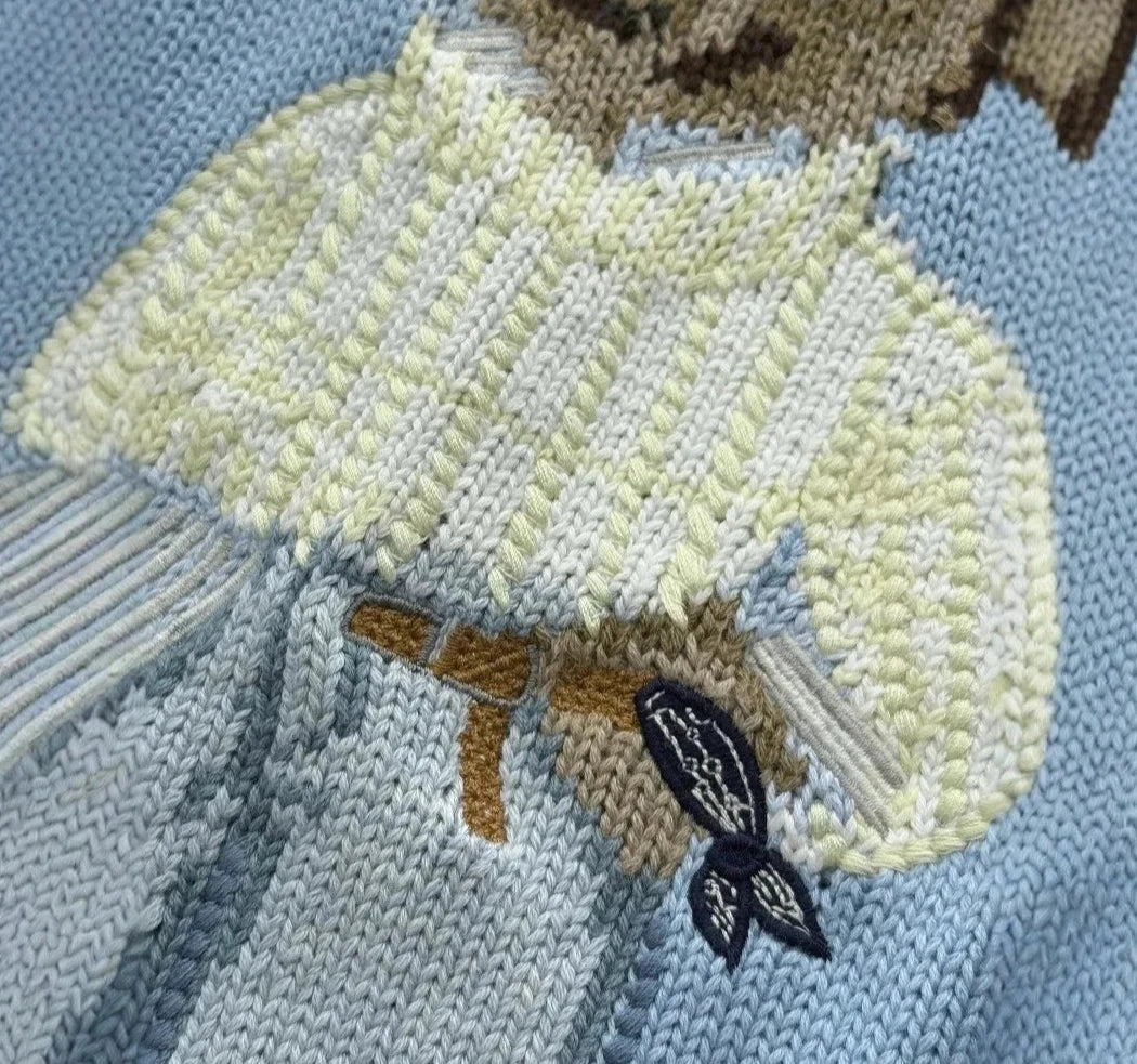 Women’s Baby Blue Teddy Bear Knit Sweater | Cute Oversized Crew Neck Pullover for Winter, Casual Wear & Cozy Outfits