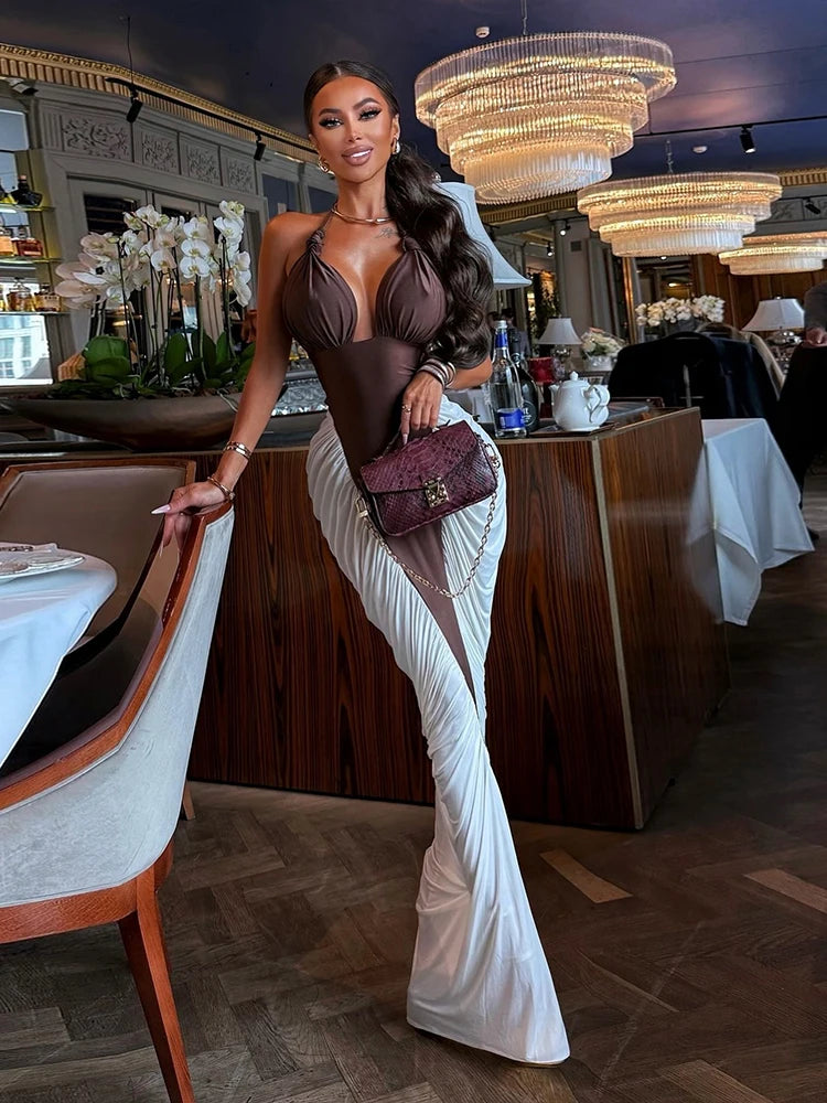 Women’s Brown & White Cut-Out Maxi Dress | Halter Bodycon Evening Gown with High Slit for Parties & Luxury Events