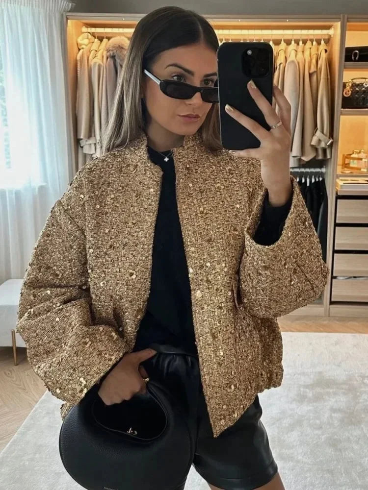 Women’s Gold Sequin Bomber Jacket | Glam Sparkly Cropped Party Puffer Coat