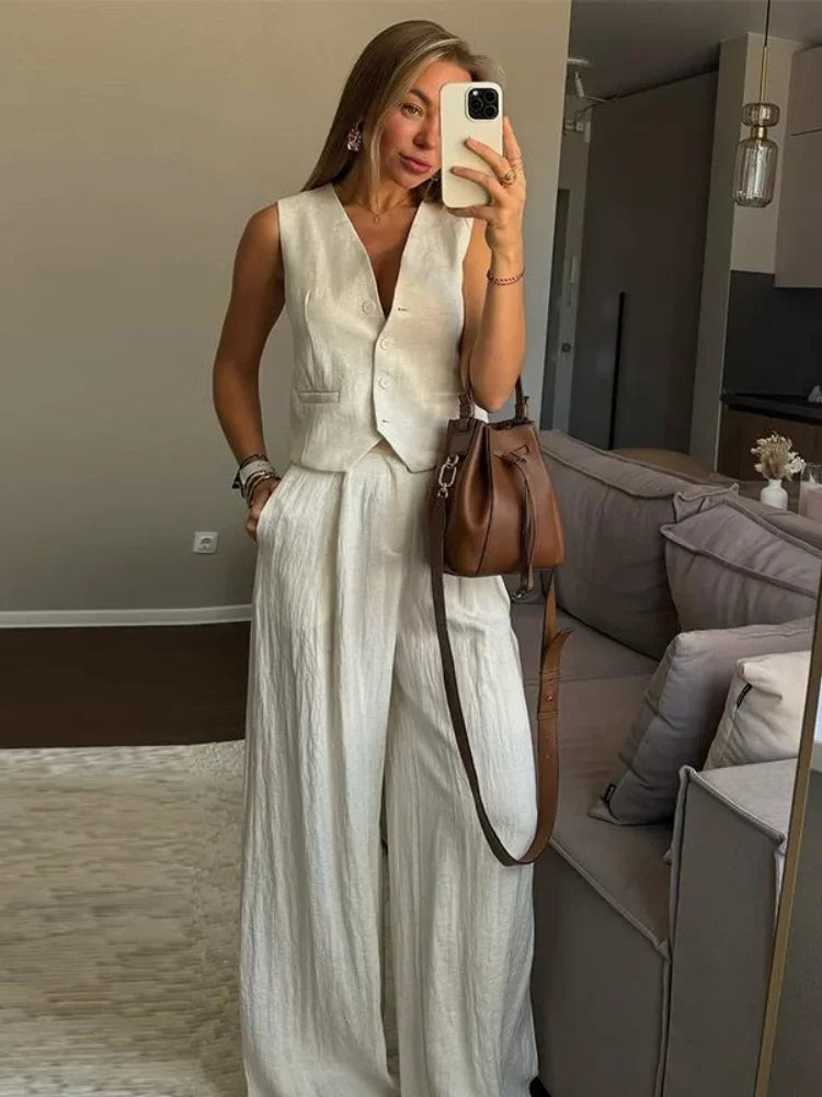 Women's Tailored Waistcoat & Wide Leg Trousers Co-Ord Set | Smart Casual Two Piece Outfit