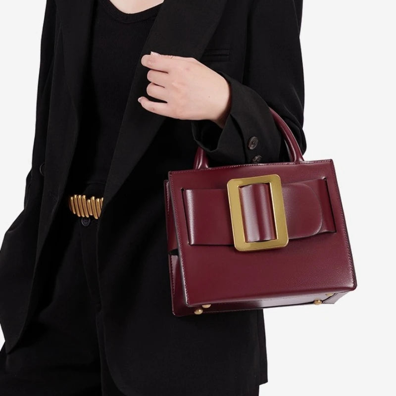 Burgundy Buckle Top Handle Handbag for Women | Luxury Structured Satchel Purse | Elegant Crossbody Shoulder Bag