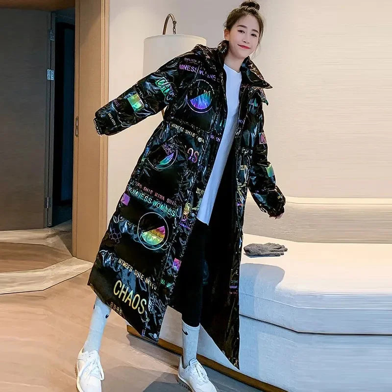 Women’s Black Oversized Graphic Puffer Coat | Long Hooded Quilted Winter Jacket with Streetwear Print for Cold Weather & Casual Wear