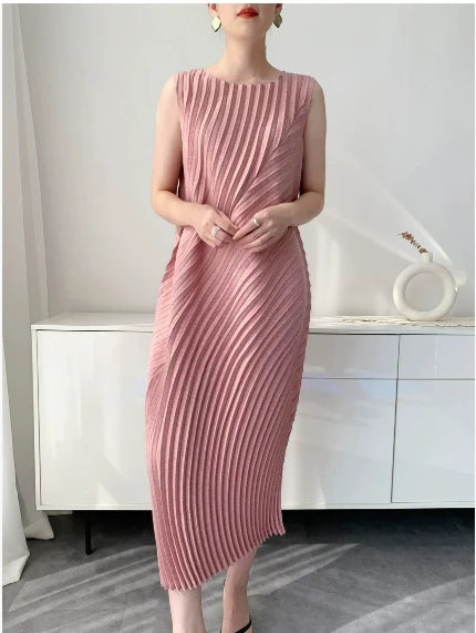 Pleated Midi Dress Women | Sleeveless Loose Fit Elegant Minimalist Dress