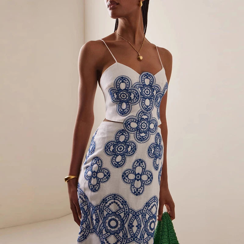 White Blue Print Midi Dress Women | Summer Slip Sundress