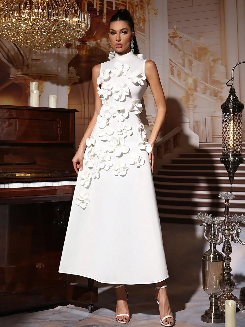 Appliqué Maxi Dress Women | High Neck Sleeveless Elegant Evening Dress