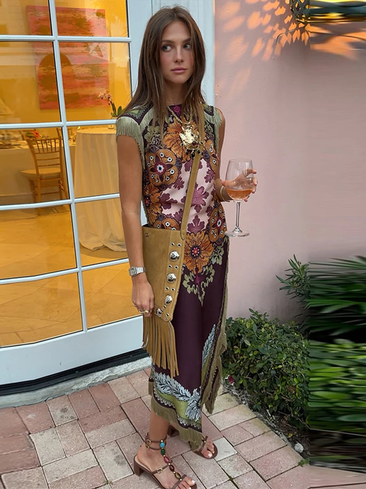 Women’s Vintage Floral Print Midi Dress | Elegant Short Sleeve Boho Maxi Dress for Fall, Vacations & Casual Wear