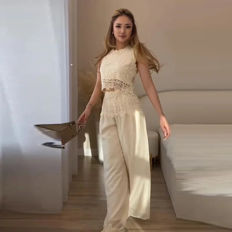 Women's Lace Peplum Top & Wide Leg Trousers Co-Ord Set | Elegant Occasion Two Piece Outfit