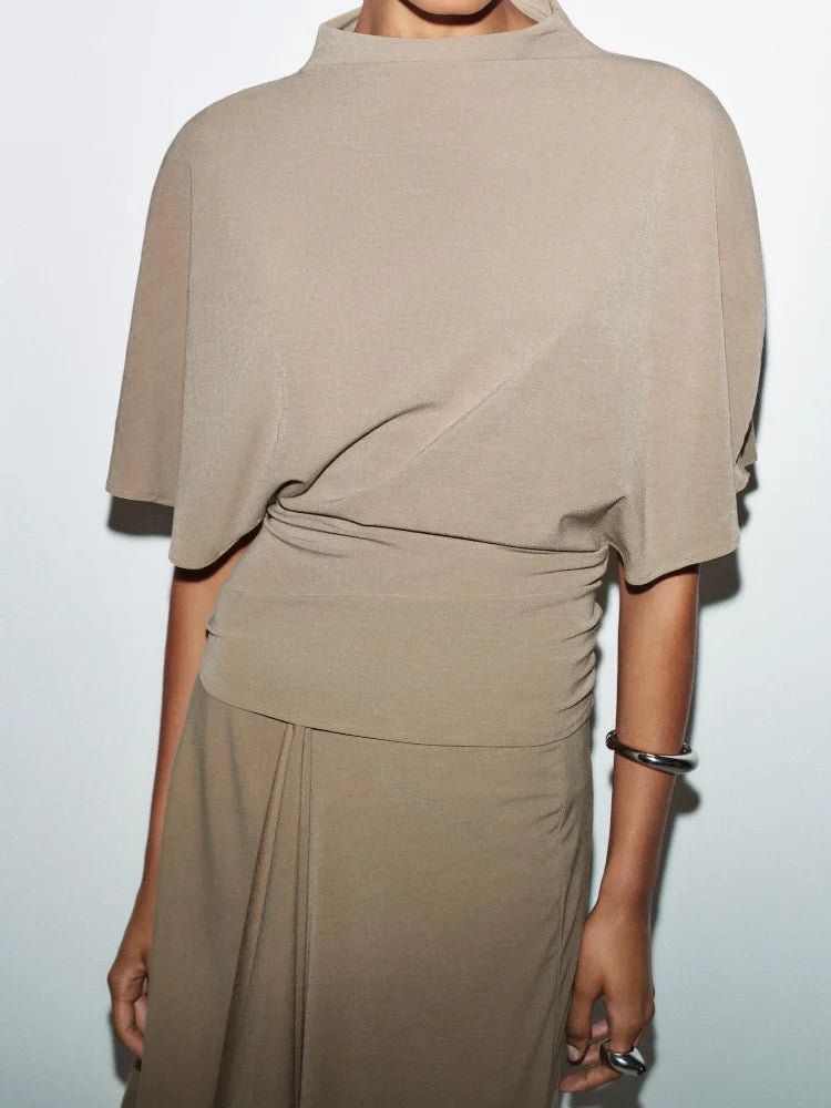 Women's Draped High Neck Top & Asymmetric Midi Skirt Co-Ord Set | Elegant Occasion Two Piece Outfit