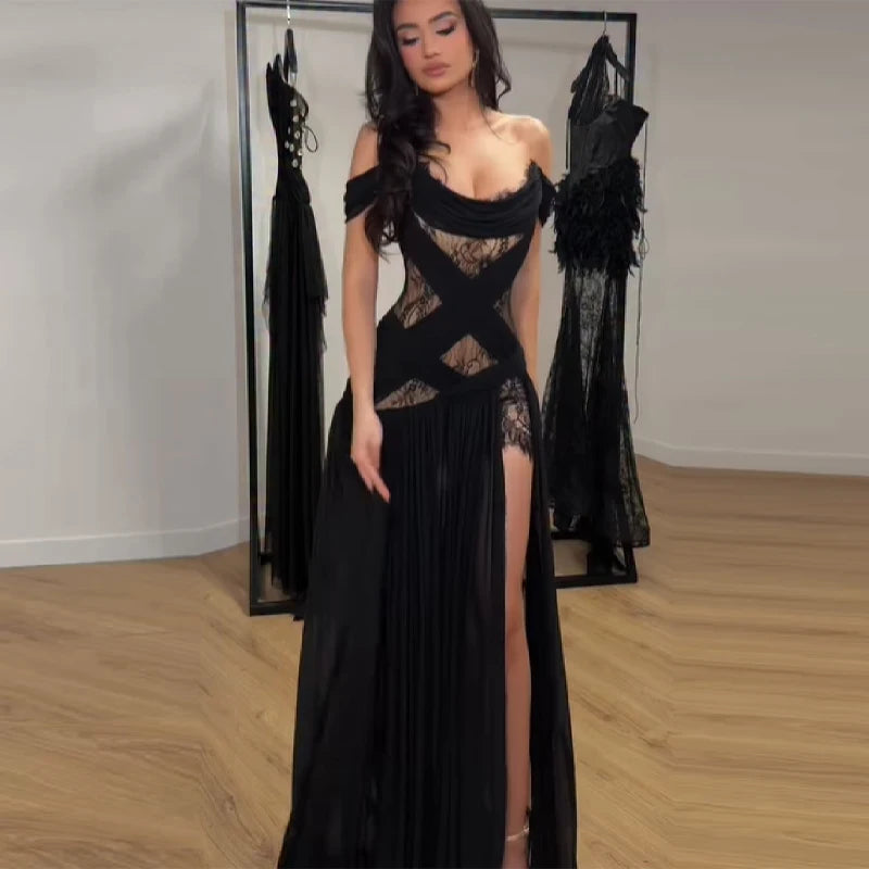 Women’s Black Off Shoulder Lace Maxi Dress | Elegant High Slit Evening Gown with Sheer Corset Bodice for Galas, Prom & Formal Events