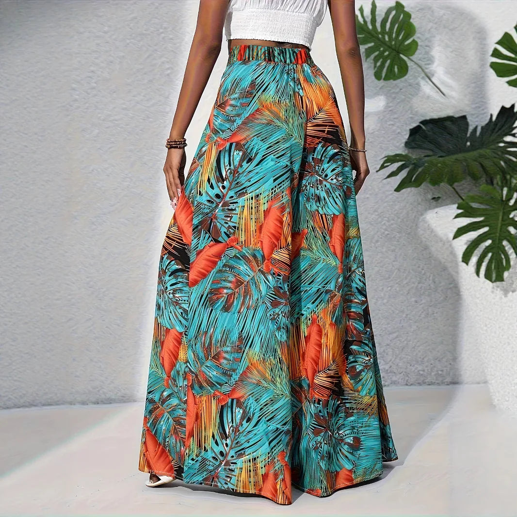 Women Tropical Print Wide Leg Palazzo Pants High Waist Beach Trousers