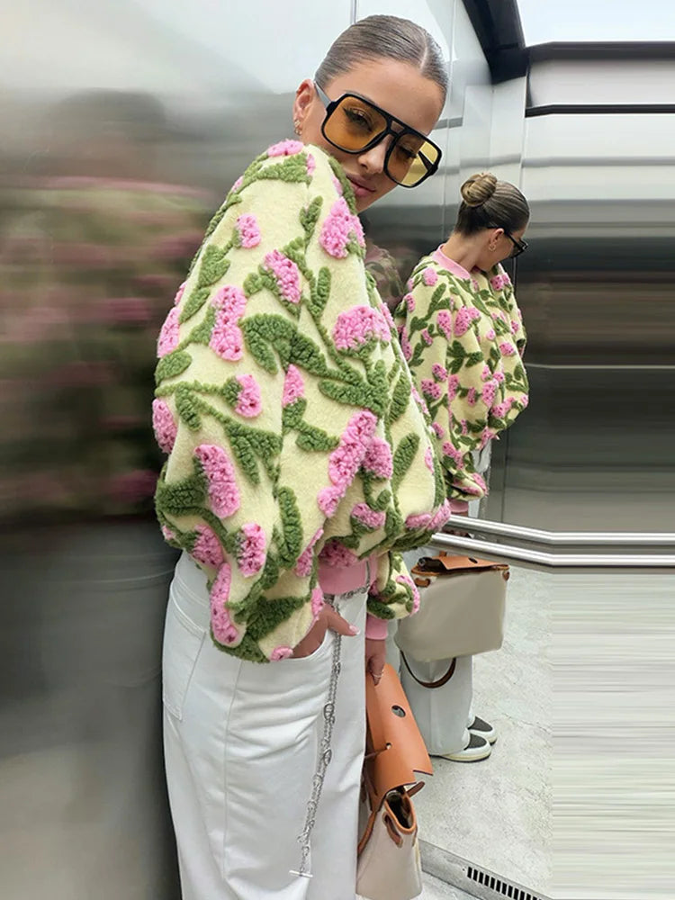 Women’s Floral Textured Bomber Jacket | Oversized Cozy Teddy Zip-Up Statement Coat