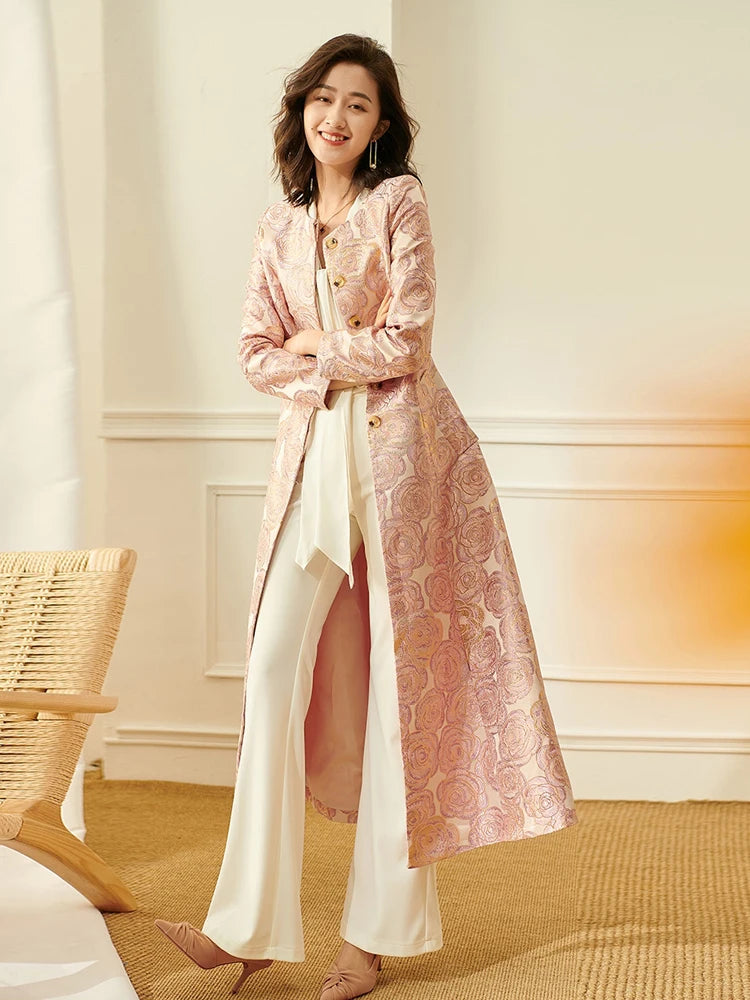 Women’s Elegant Floral Jacquard Maxi Coat Dress | Vintage Inspired Long Jacket