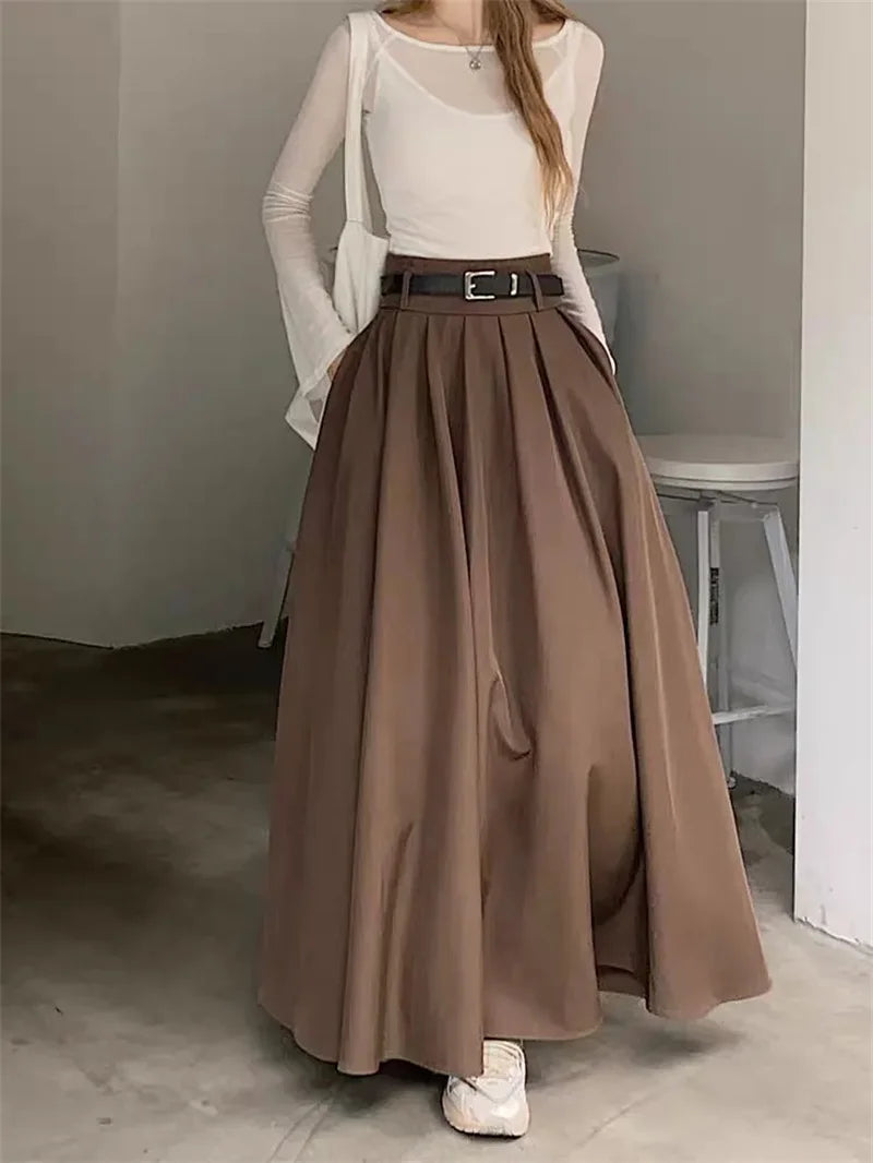 Women High Waist Flowy Maxi Skirt Elegant Pleated A Line Long Skirt