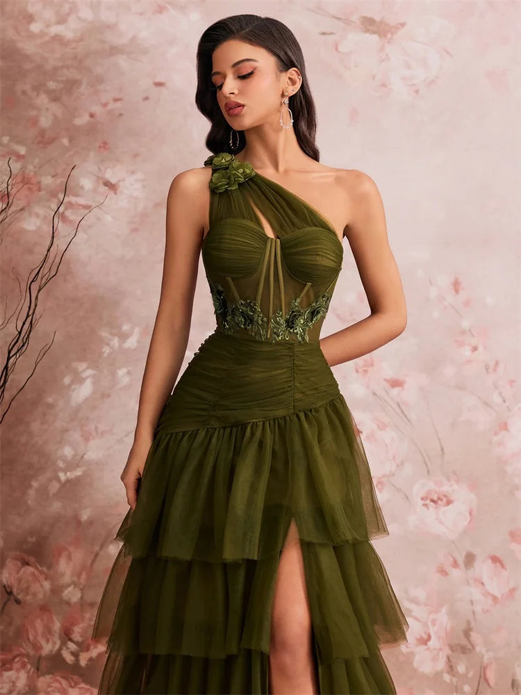 Women’s Olive Green One Shoulder Tiered Tulle Evening Gown | Beaded Waist Formal Maxi Dress with High Slit for Prom, Galas & Weddings