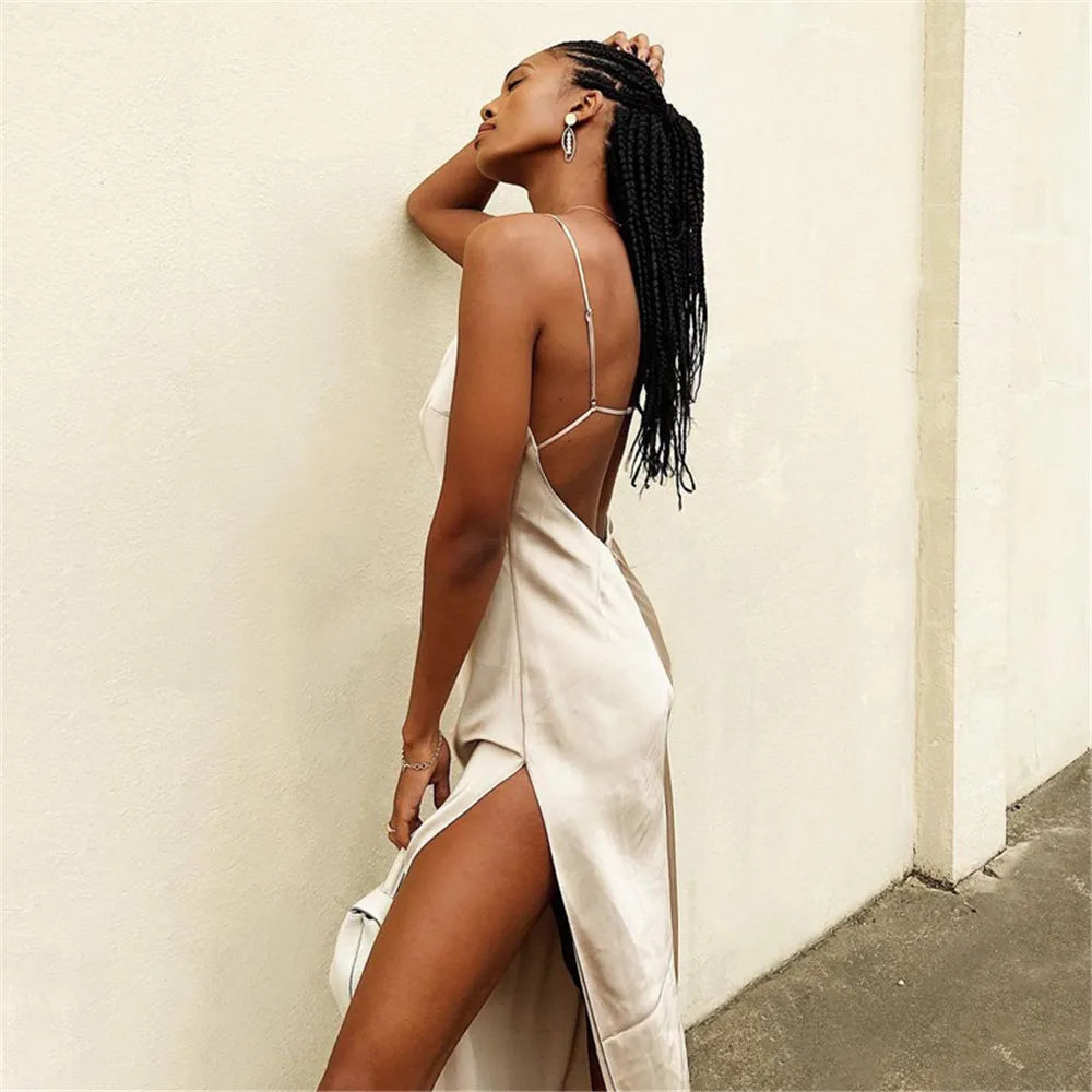 Satin Slip Maxi Dress Women | Spaghetti Strap High Split Evening Dress