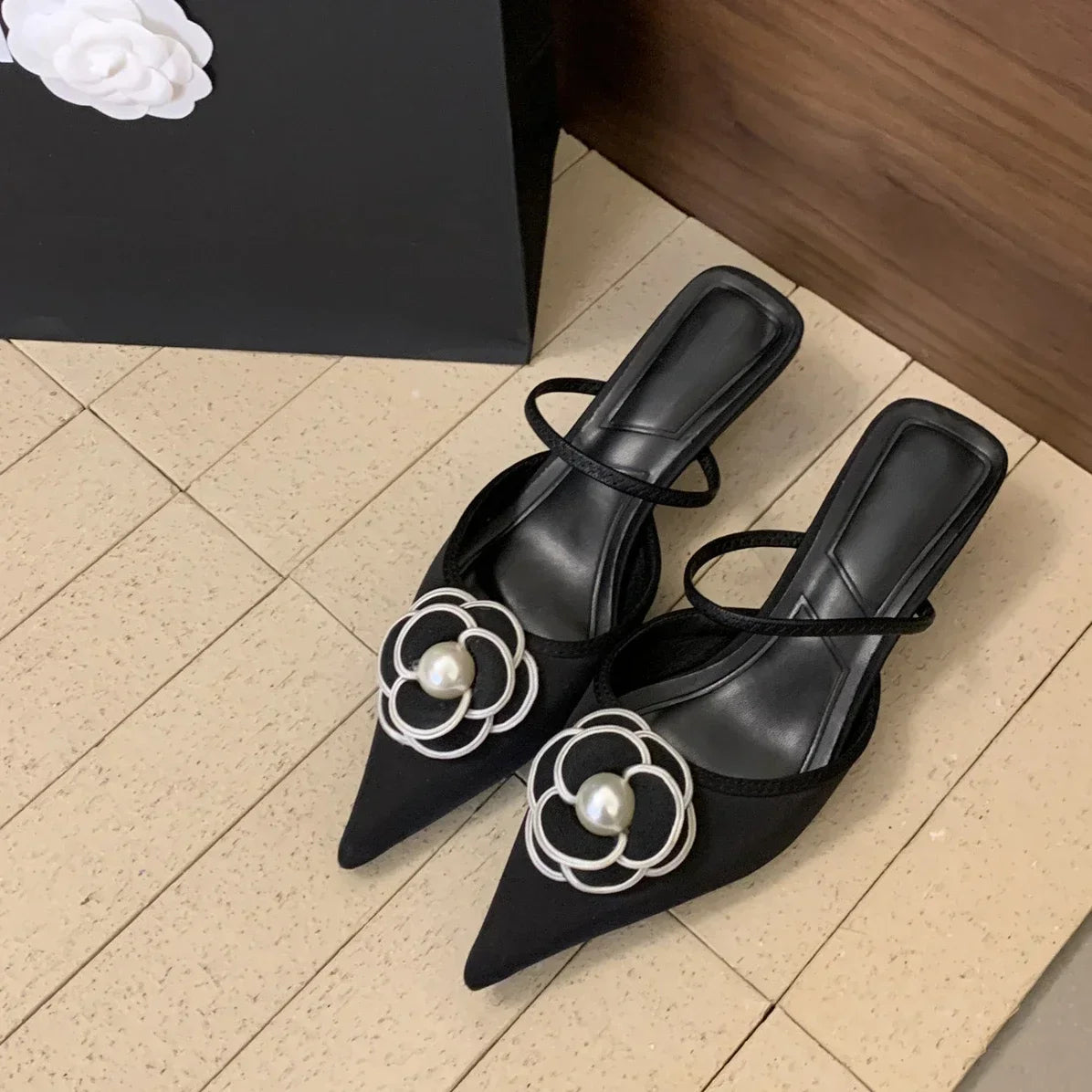 Women’s Pointed Toe Designer | Elegant Pearl Detail Slip-On Sandals for Party & Occasion Wear