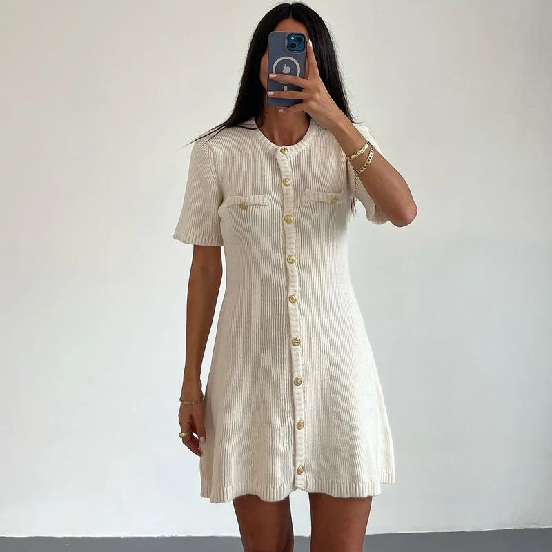 Women’s Ribbed Knit Mini Dress | Vintage Button-Front Collared A-Line Dress for Elegant Casual & Summer Wear