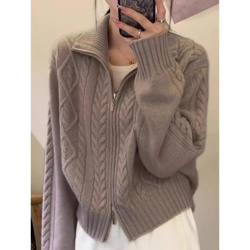 Women’s Cable Knit Zip-Up Cardigan | Oversized Cozy Mock Neck Chunky Sweater Jacket