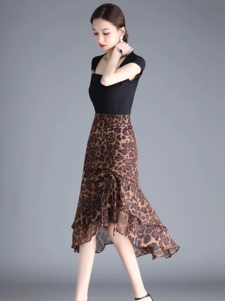 Women Leopard Print Ruffle Midi Skirt High Waist Ruched Mermaid Skirt