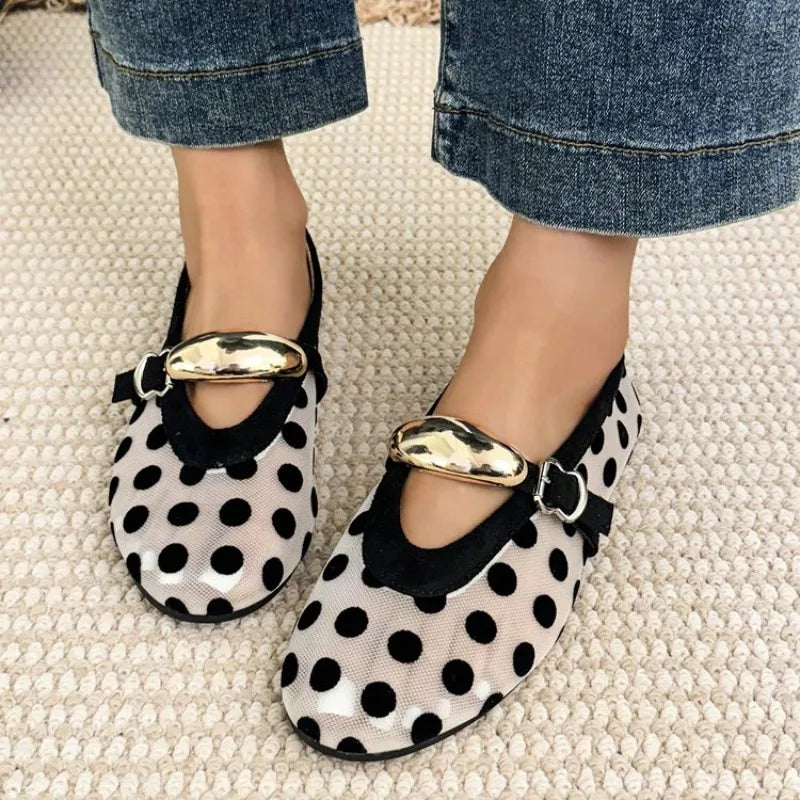 Women’s Polka Dot Mary Jane Ballet Flats – Buckle Strap Slip-On Shoes for Casual, Office & Everyday Wear