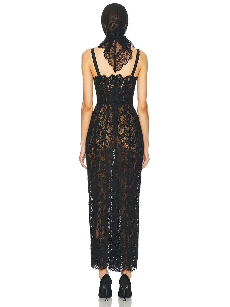 Women’s Sheer Lace Maxi Dress | Elegant Corset Bodycon Evening Dress for Cocktail Parties & Formal Events