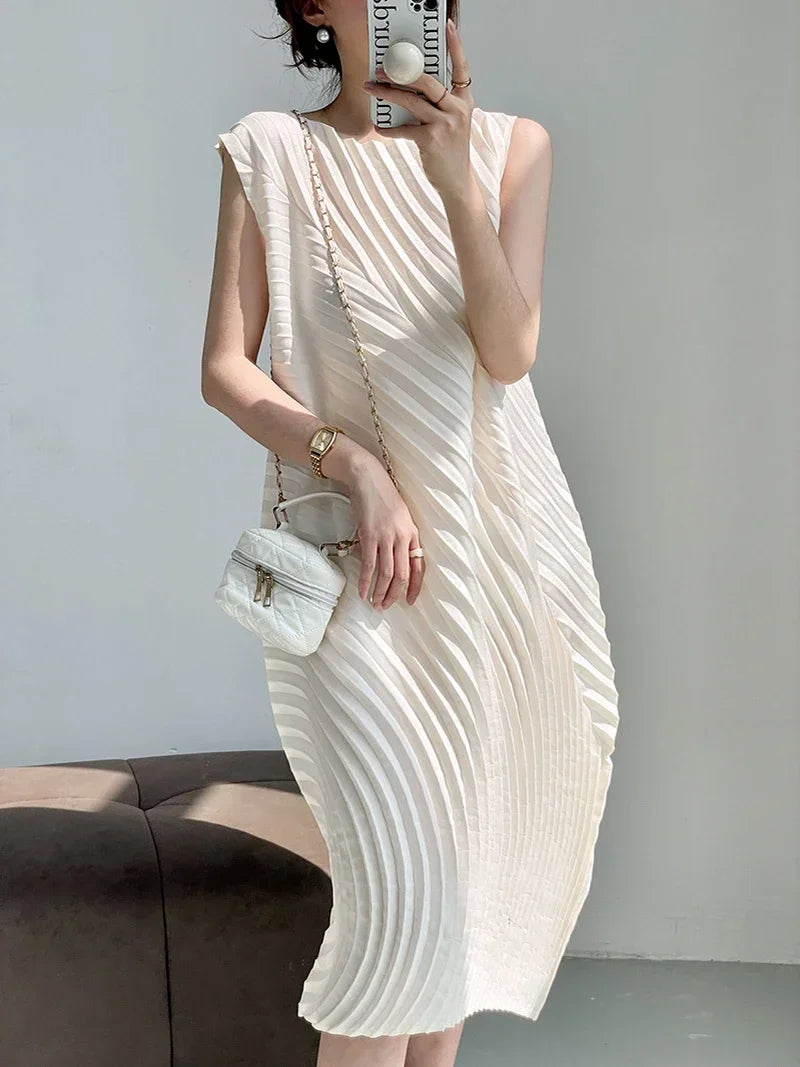 Pleated Midi Dress Women | Sleeveless Loose Fit Elegant Minimalist Dress