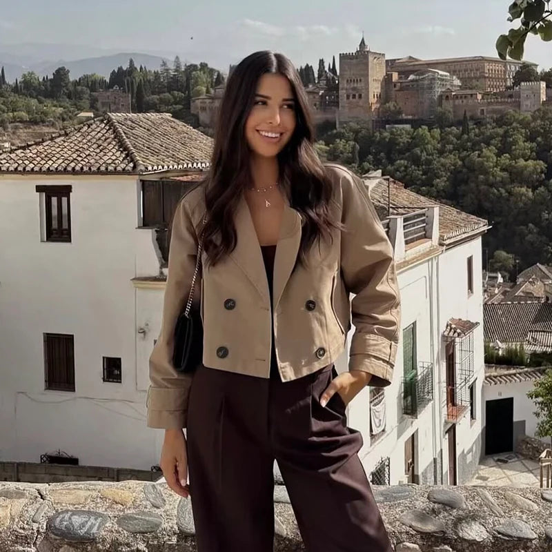 Beige Cropped Trench Coat | Double Breasted Jacket Women