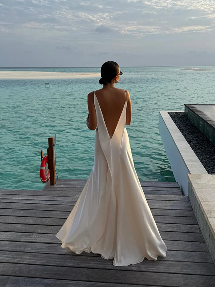 Women’s White Satin Slip Maxi Dress | Backless Cowl Neck Evening Gown with High Slit for Weddings & Resort Wear