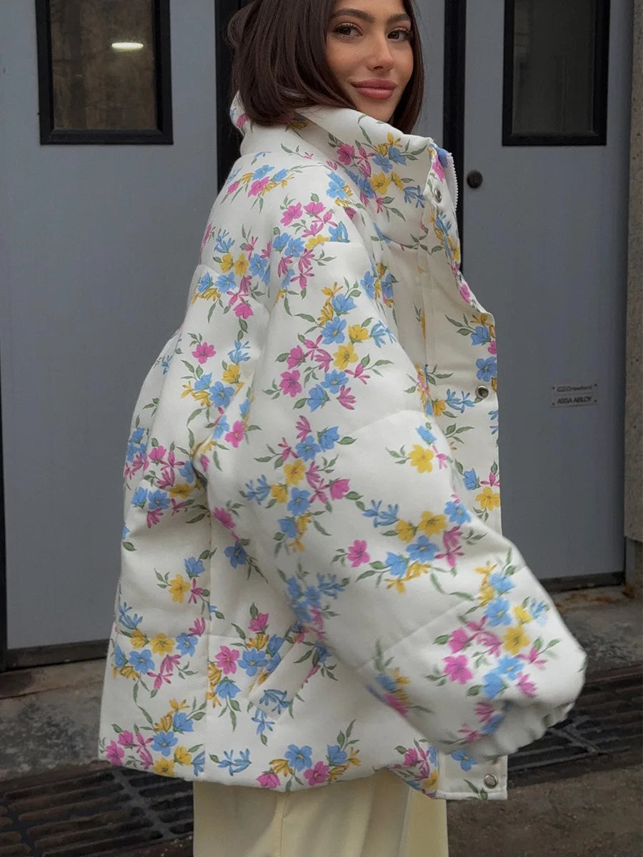 Women’s Floral Oversized Puffer Jacket | Cottagecore Winter Puff Coat with High Neck