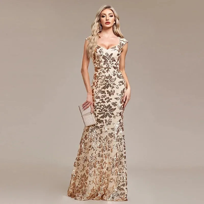 Women’s Champagne Gold Sequin Mermaid Evening Gown | Sweetheart Neck Formal Maxi Dress for Prom, Weddings, Galas & Black Tie Events
