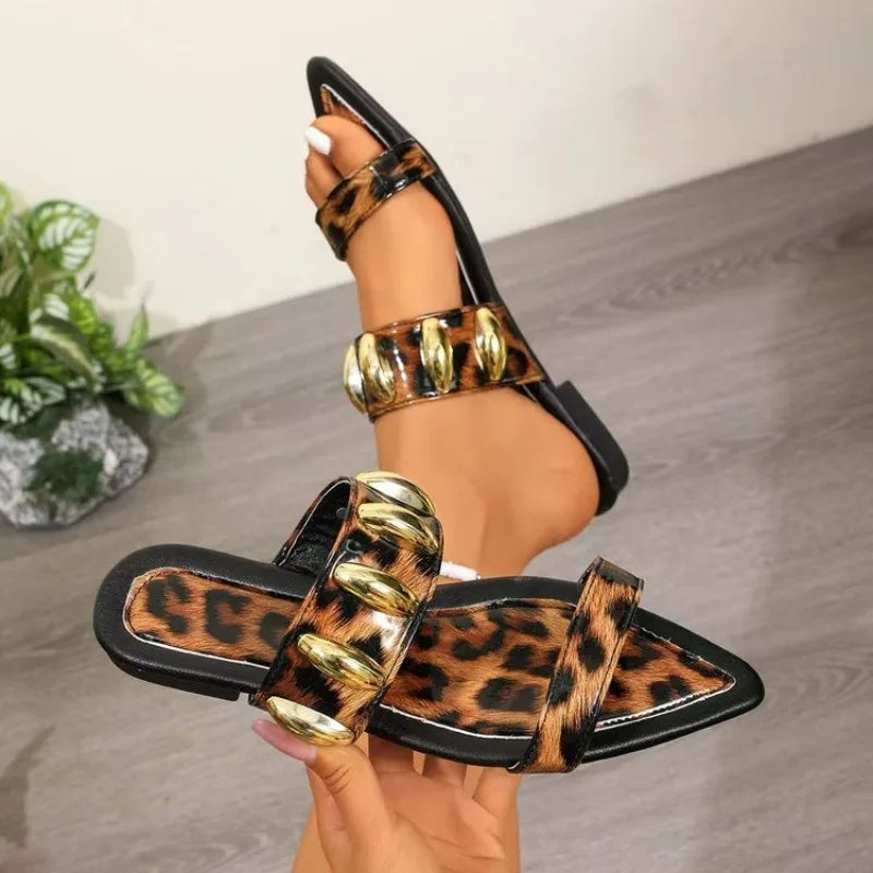 Women’s Pointed Toe Slide Sandals – Gold Chain Flat Mules for Casual, Party & Summer Fashion