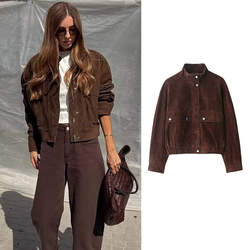 Brown Faux Leather Bomber Jacket | Vintage Cropped Jacket
