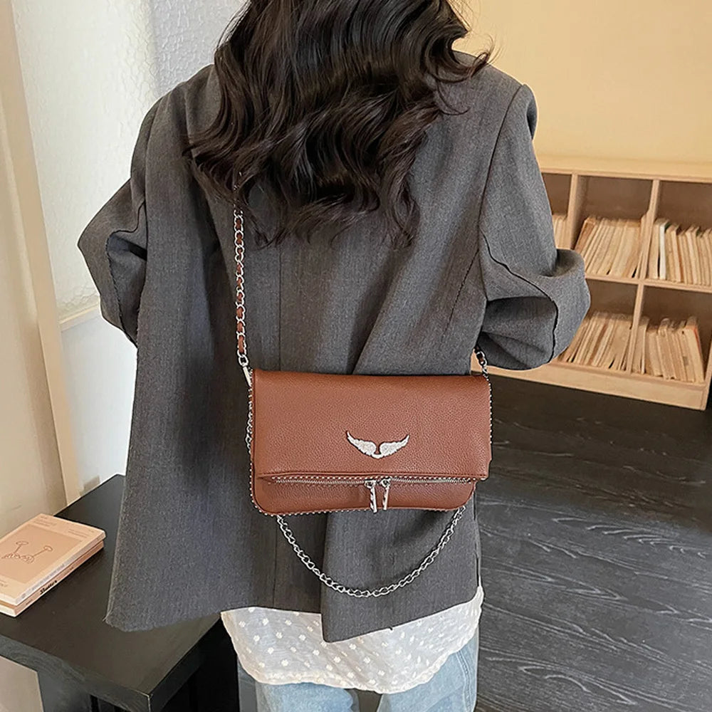 Brown Chain Crossbody Bag for Women | Elegant Flap Shoulder Purse | Mini Leather Messenger Handbag