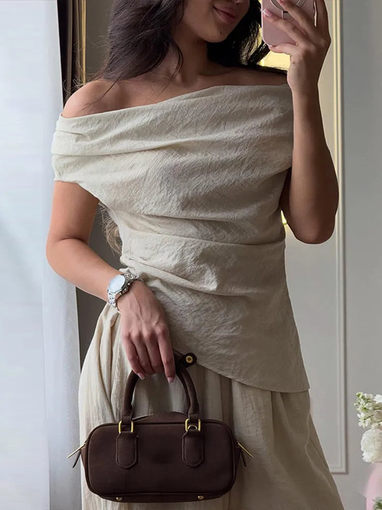 Women's Off Shoulder Draped Top & Wide Leg Trousers Co-Ord Set | Elegant Resort Two Piece Outfit